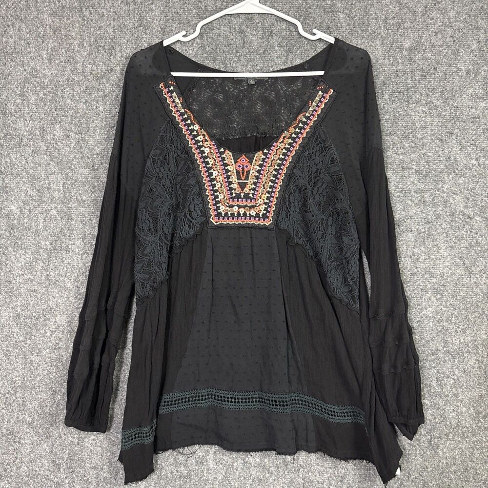 Mis Me Top Blouse Womens L Black Sequins Embroidery Tunic Whimsigoth Boho - Picture 1 of 9